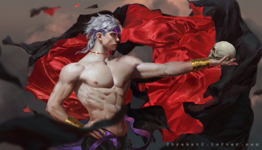 1boy abs blurry depth_of_field dio_brando hand_on_hip headband holding jojo_no_kimyou_na_bouken krabat male_focus muscle outstretched_arm profile realistic red_eyes scar shirtless silver_hair skull solo stitched upper_body watermark web_address wrist_cuffs