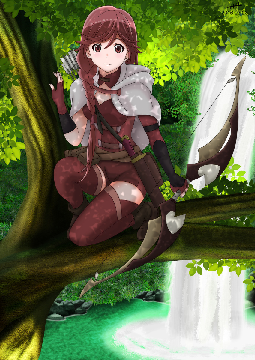 1girl arrow bow_(weapon) braid brown_eyes brown_gloves brown_hair brown_legwear brown_shorts fingerless_gloves gloves hai_to_gensou_no_grimgar highres holding holding_weapon in_tree long_hair looking_at_viewer nihility outdoors single_braid solo thigh-highs tree weapon yume_(grimgar)