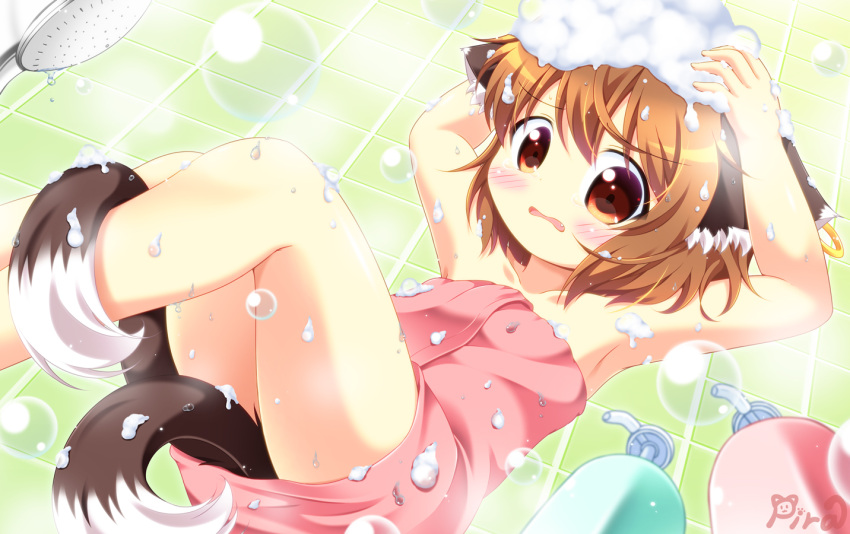 1girl animal_ears arms_up bathroom blush brown_eyes brown_hair bubble cat_ears cat_tail chen convenient_censoring jewelry looking_at_viewer multiple_tails naked_towel nekomata open_mouth pila-pela short_hair shower_head single_earring sitting soap_bottle solo tail tile_wall tiles touhou towel two_tails washing_hair wavy_mouth