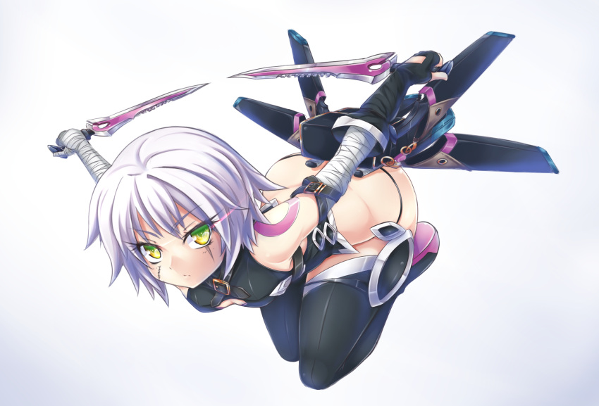 1girl arm_belt assassin_of_black bandaged_arm bandages bangs black_gloves black_legwear black_panties bodypaint boots cleavage_cutout closed_mouth crop_top dual_wielding eyebrows eyebrows_visible_through_hair eyelashes fate/apocrypha fate/grand_order fate_(series) fingerless_gloves from_above frown full_body gloves glowing glowing_eyes gradient_eyes green_eyes hair_between_eyes highres holding holding_weapon looking_at_viewer miyabi_urumi multicolored_eyes no_pants outstretched_arms panties scar scar_across_eye short_hair silver_hair single_glove sleeveless small_breasts solo string_panties thigh-highs thigh_boots underwear weapon white_background white_hair