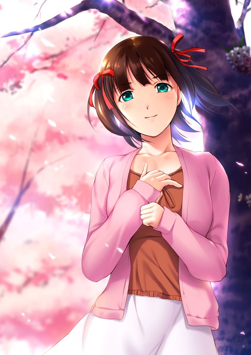 1girl absurdres amami_haruka aqua_eyes bangs blurry brown_hair cardigan cherry_blossoms closed_mouth collarbone cowboy_shot depth_of_field dragon@harry eyebrows eyebrows_visible_through_hair floating_hair flower hair_ribbon hand_on_own_chest highres idolmaster looking_at_viewer open_cardigan open_clothes outdoors petals red_ribbon ribbon short_hair skirt smile solo spring_(season) tree two_side_up white_skirt wind