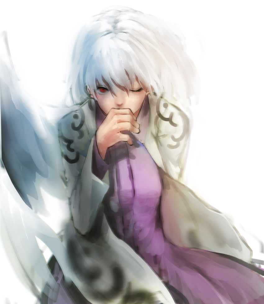 1girl absurdres bow bowtie covering_mouth dress heoningu highres kishin_sagume long_sleeves looking_at_viewer one_eye_closed open_clothes purple_dress purple_skirt red_eyes short_hair silver_hair simple_background single_wing skirt solo touhou upper_body white_background wings