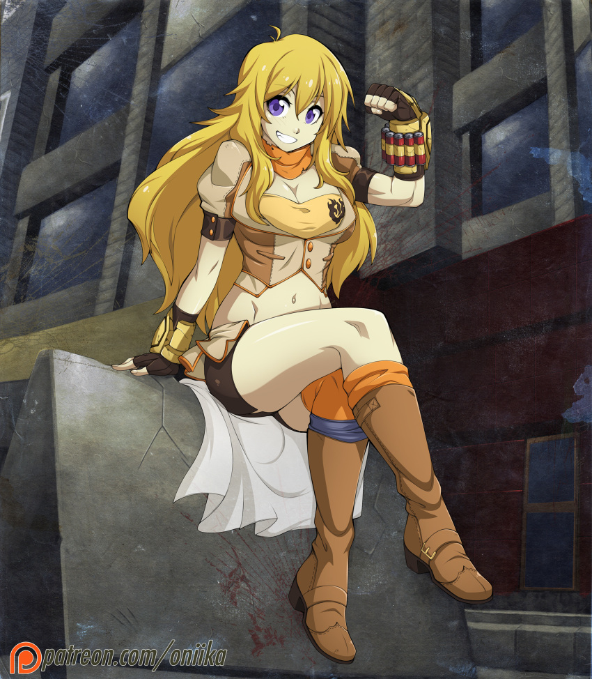 1girl absurdres blonde_hair boots breasts cleavage crossed_legs fingerless_gloves full_body gloves grin highres long_hair loose_thighhigh microskirt midriff navel orange_legwear rwby scarf shorts shotgun_shells sitting skirt smile solo spike_wible thigh-highs violet_eyes yang_xiao_long