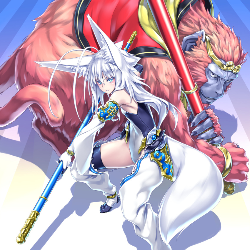 1girl animal animal_ears antenna_hair armor bangs black_legwear blue_eyes blue_skin bracer circlet colored_eyelashes covered_navel detached_pants detached_sleeves fighting_stance fingernails from_above furry gloves hair_between_eyes highres holding holding_weapon kentairui long_fingernails long_hair looking_at_viewer mitsuha_(kenntairui) monkey no_shoes original pants polearm shadow silver_hair small_breasts spaulders tail thigh-highs weapon white_hair white_pants wolf_ears wolf_tail