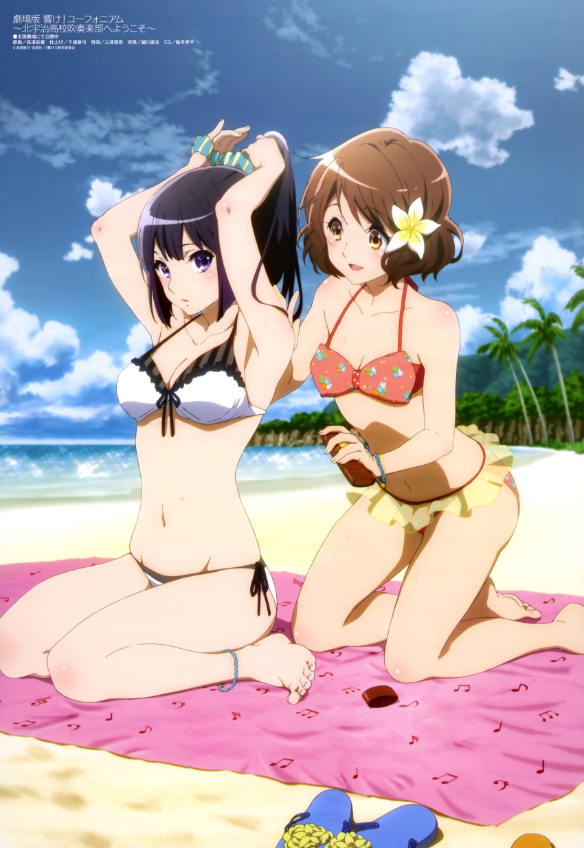 2girls absurdres anklet applying_sunscreen armpits arms_up barefoot beach beamed_quavers bikini black_hair bracelet breasts brown_hair bunching_hair cleavage clouds crotchet floral_print flower front-tie_top hair_flower hair_ornament hair_scrunchie hibike!_euphonium highres jewelry kneeling kousaka_reina lotion multiple_girls musical_note musical_note_print nagahama_ayaka navel official_art oumae_kumiko palm_tree ponytail print_towel quaver sandals_removed scrunchie side-tie_bikini sky sunscreen swimsuit treble_clef tree