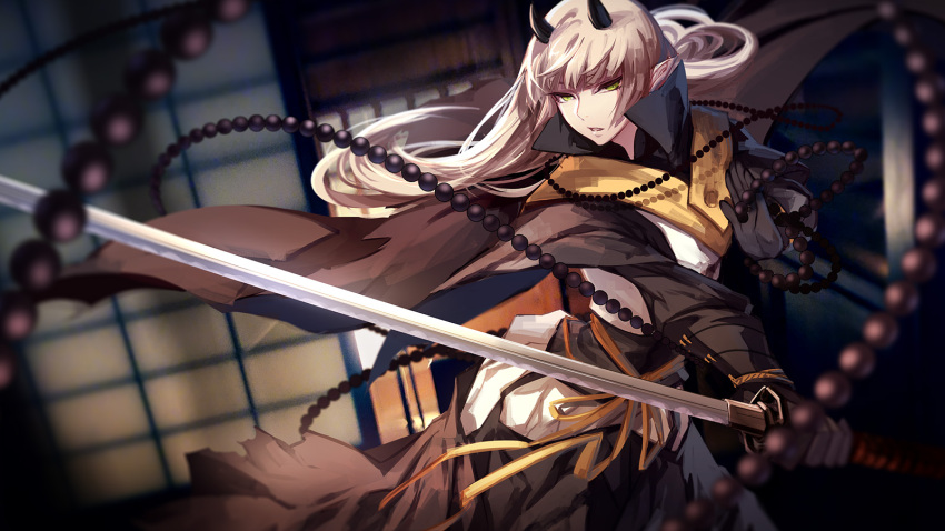 1girl androgynous arm_guards beads black_gloves blonde_hair brown_cape cowboy_shot expressionless gloves green_eyes highres holding holding_sword holding_weapon horns japanese_clothes katana kimono long_hair long_sleeves original pale_skin parted_lips pixiv_fantasia pixiv_fantasia_t prayer_beads ribbon sash skade solo sword unsheathed weapon yellow_ribbon