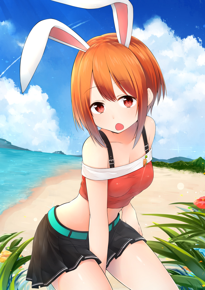 1girl :o absurdres akky_(akimi1127) animal_ears badge bare_arms bare_shoulders beach belt between_legs black_skirt blue_sky blush breasts buckle bunny_girl bush cleavage clouds coast collarbone condensation_trail cowboy_shot crop_top day flower hand_between_legs hibiscus highres leaning_forward looking_at_viewer midriff navel open_mouth orange_hair original outdoors plant rabbit_ears red_eyes red_shirt sand shirt shore short_hair skirt sky solo stomach thighs water