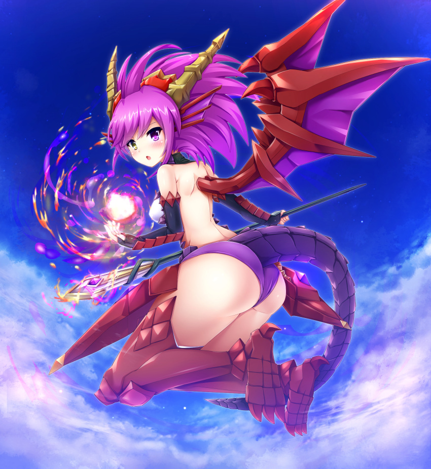 1girl :o ass back bangs blue_sky blush boots breasts clouds dragon_horns dragon_tail eyebrows eyebrows_visible_through_hair fingerless_gloves flying from_behind full_body gloves glowing head_fins heterochromia highres holding holding_weapon horns long_hair looking_at_viewer looking_back ouya_(maboroshimori) panties purple_hair purple_panties puzzle_&amp;_dragons red_boots samoore sky solo sonia_(p&amp;d) tail thigh-highs underwear violet_eyes wings yellow_eyes