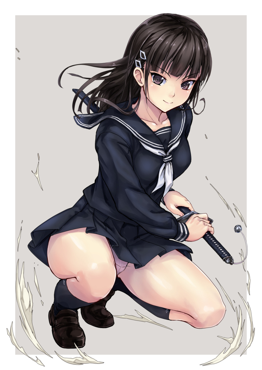 1girl bangs bell black_eyes black_hair black_legwear black_serafuku black_skirt blush border brown_shoes closed_mouth collarbone eyebrows eyebrows_visible_through_hair full_body grey_background hair_ornament hairclip highres holding holding_sword holding_weapon jingle_bell kneehighs loafers long_hair long_sleeves looking_at_viewer miniskirt original panties pleated_skirt ready_to_draw ringed_eyes school_uniform serafuku shoes simple_background skirt skirt_lift smile solo squatting sword tori@gununu underwear upskirt visible_air weapon white_border white_panties