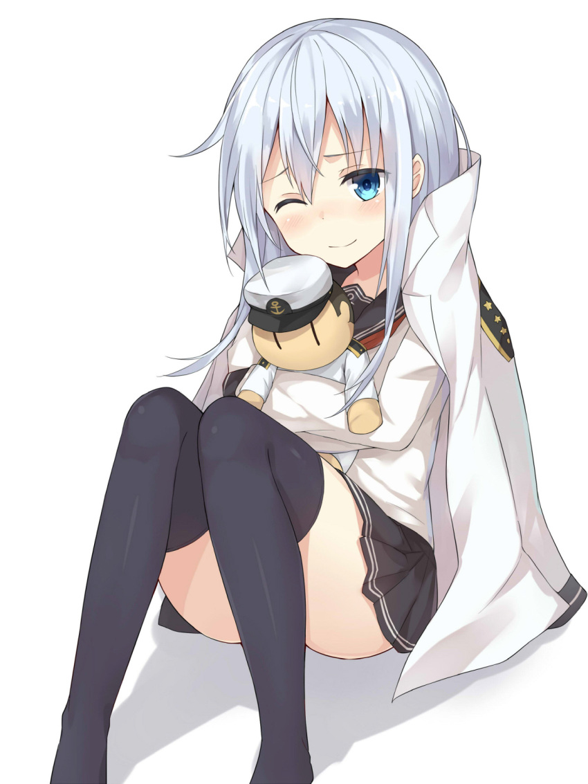1girl ;) admiral_(kantai_collection) admiral_(kantai_collection)_(cosplay) anchor_symbol black_legwear black_skirt blue_eyes blush character_doll chicking closed_mouth hair_between_eyes hat hibiki_(kantai_collection) highres jacket jacket_on_shoulders kantai_collection long_hair looking_at_viewer military military_uniform naval_uniform object_hug one_eye_closed open_clothes open_jacket oversized_clothes pleated_skirt sailor_collar school_uniform serafuku shirt silver_hair simple_background sitting skirt smile solo thigh-highs uniform white_background white_hat white_shirt zettai_ryouiki