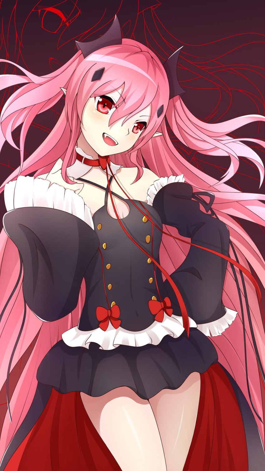 1girl breasts cleavage detached_sleeves fang guanghe_zuoyong_de_de_yezi hair_ornament hand_on_hip highres krul_tepes long_hair open_mouth owari_no_seraph pink_hair pointy_ears red_eyes small_breasts solo