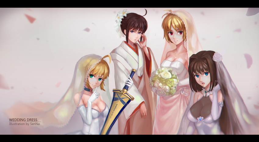 4girls :o ahoge alternate_costume alternate_hairstyle aozaki_aoko aqua_eyes arcueid_brunestud artist_name bangs bare_shoulders blonde_hair blue_eyes blurry bouquet breasts brown_eyes brown_hair choker cleavage closed_mouth company_connection d.sum depth_of_field dress english excalibur fate/stay_night fate_(series) finger_to_mouth flower formal gem gloves hair_flower hair_intakes hair_ornament hair_up highres holding holding_bouquet holding_sword holding_weapon index_finger_raised japanese_clothes jewelry kara_no_kyoukai kimono letterboxed lily_(flower) looking_at_viewer mahou_tsukai_no_yoru melty_blood multiple_girls petals red_eyes rose ryougi_shiki saber see-through shushing sidelocks sleeveless sleeveless_dress smile standing strapless strapless_dress sword tsukihime type-moon uchikake veil weapon wedding_dress white_dress white_flower white_gloves white_rose