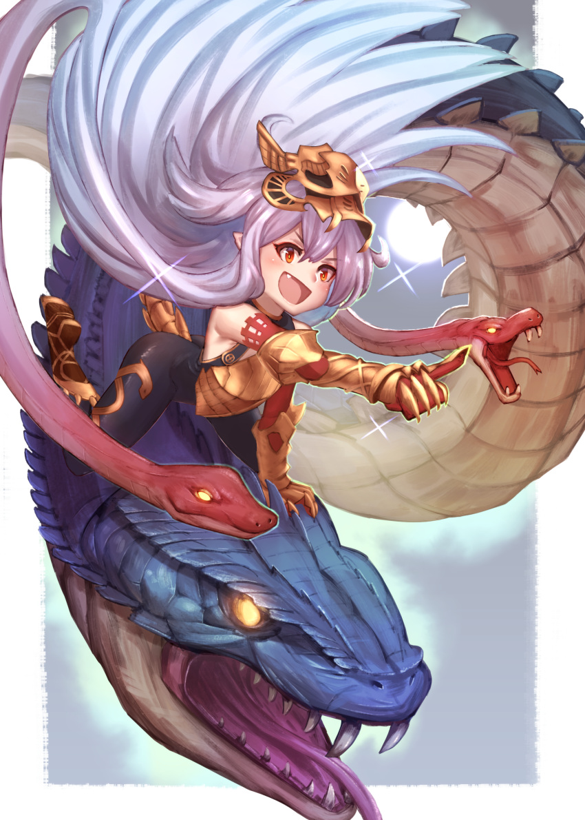 1girl :d absurdres blue_hair breastplate dakunesu elbow_gloves fang gauntlets gloves gradient_hair granblue_fantasy highres lavender_hair long_hair medusa_(shingeki_no_bahamut) multicolored_hair open_mouth orange_eyes shingeki_no_bahamut smile snake solo