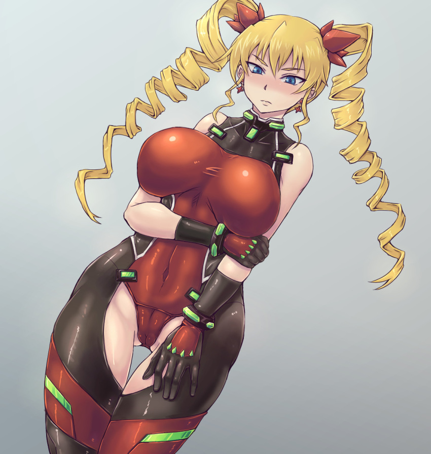 1girl black_gloves blonde_hair blue_eyes blush breasts claire_harvey covered_navel drill_hair earrings gloves grey_background highres hundred jewelry large_breasts long_hair mahou-ya solo twin_drills