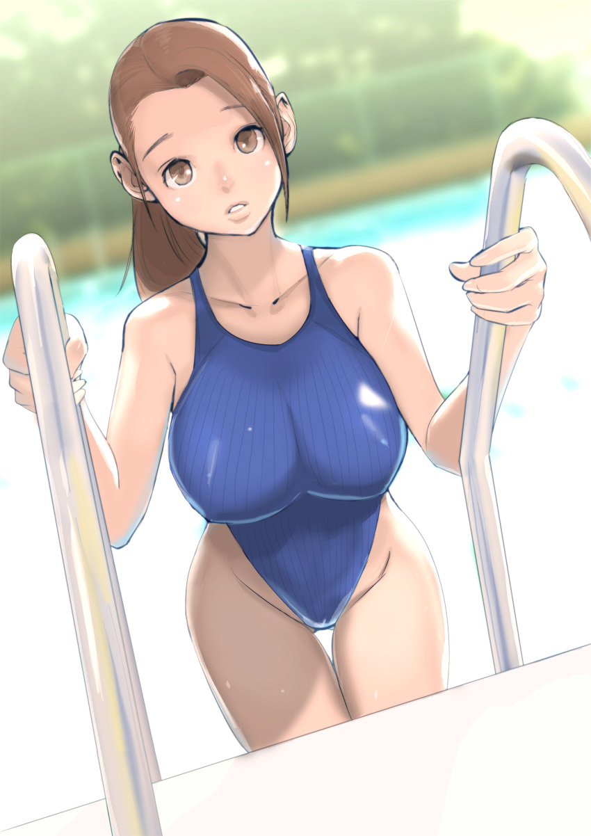 1girl :o brown_eyes brown_hair competition_swimsuit covered_nipples dtym highleg highleg_swimsuit highres long_hair looking_at_viewer one-piece_swimsuit original ponytail pool_ladder shiny shiny_clothes solo swimsuit thigh_gap