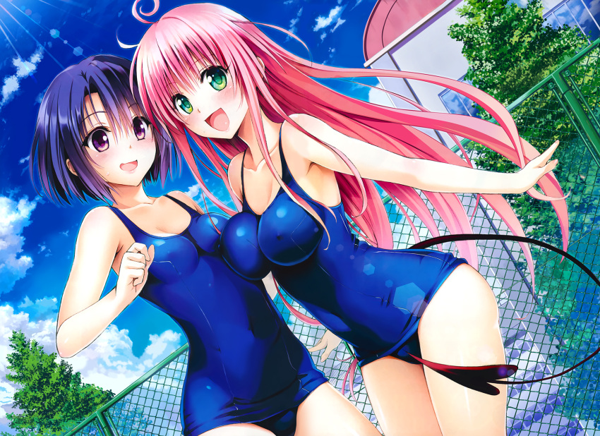 2girls :d ahoge asymmetrical_docking bare_shoulders blue_eyes blush breast_press breasts chain-link_fence cleavage clouds collarbone covered_navel covered_nipples demon_tail dutch_angle fence green_eyes highres impossible_clothes impossible_swimsuit lala_satalin_deviluke large_breasts leaning_forward lens_flare long_hair multiple_girls old_school_swimsuit one-piece_swimsuit open_mouth pink_hair sairenji_haruna school school_swimsuit short_hair sky smile sunlight sweatdrop swimsuit tail to_love-ru tree violet_eyes wavy_mouth yabuki_kentarou