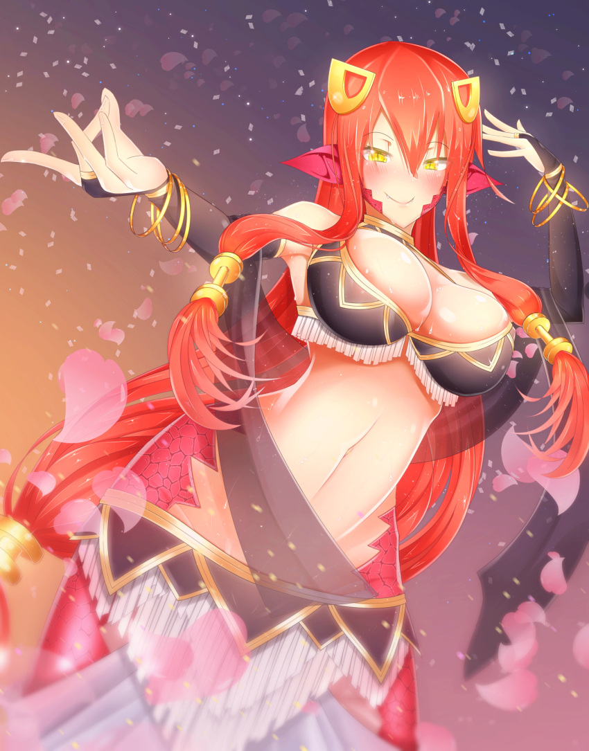 1girl bangle blush bracelet breasts bridal_gauntlets cleavage cowboy_shot elbow_gloves fang_out fangs gloves hair_ornament hair_tubes hairclip half-closed_eyes highres jewelry lamia lamine large_breasts long_hair miia's_mother monster_girl monster_musume_no_iru_nichijou petals pointy_ears redhead scales see-through sidelocks slit_pupils smile solo very_long_hair yellow_eyes