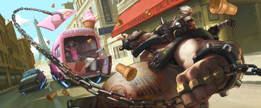 1boy absurdres android arnold_tsang blue_sky chain clouds eiffel_tower english fingerless_gloves food french gas_mask gloves greentooth highres ice_cream ice_cream_cone male_focus official_art outdoors overwatch road roadhog_(overwatch) science_fiction shirtless single_glove sky soft_serve solo_focus street tattoo