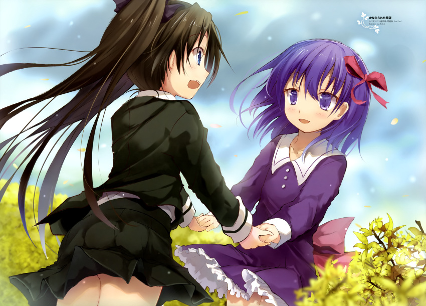 2girls absurdres black_hair black_ribbon black_skirt blue_eyes dress efe eye_contact fate/stay_night fate/zero fate_(series) hair_ribbon highres holding_hands long_hair looking_at_another matou_sakura multiple_girls open_mouth outdoors pleated_skirt purple_dress purple_hair red_ribbon ribbon skirt toosaka_rin twintails violet_eyes