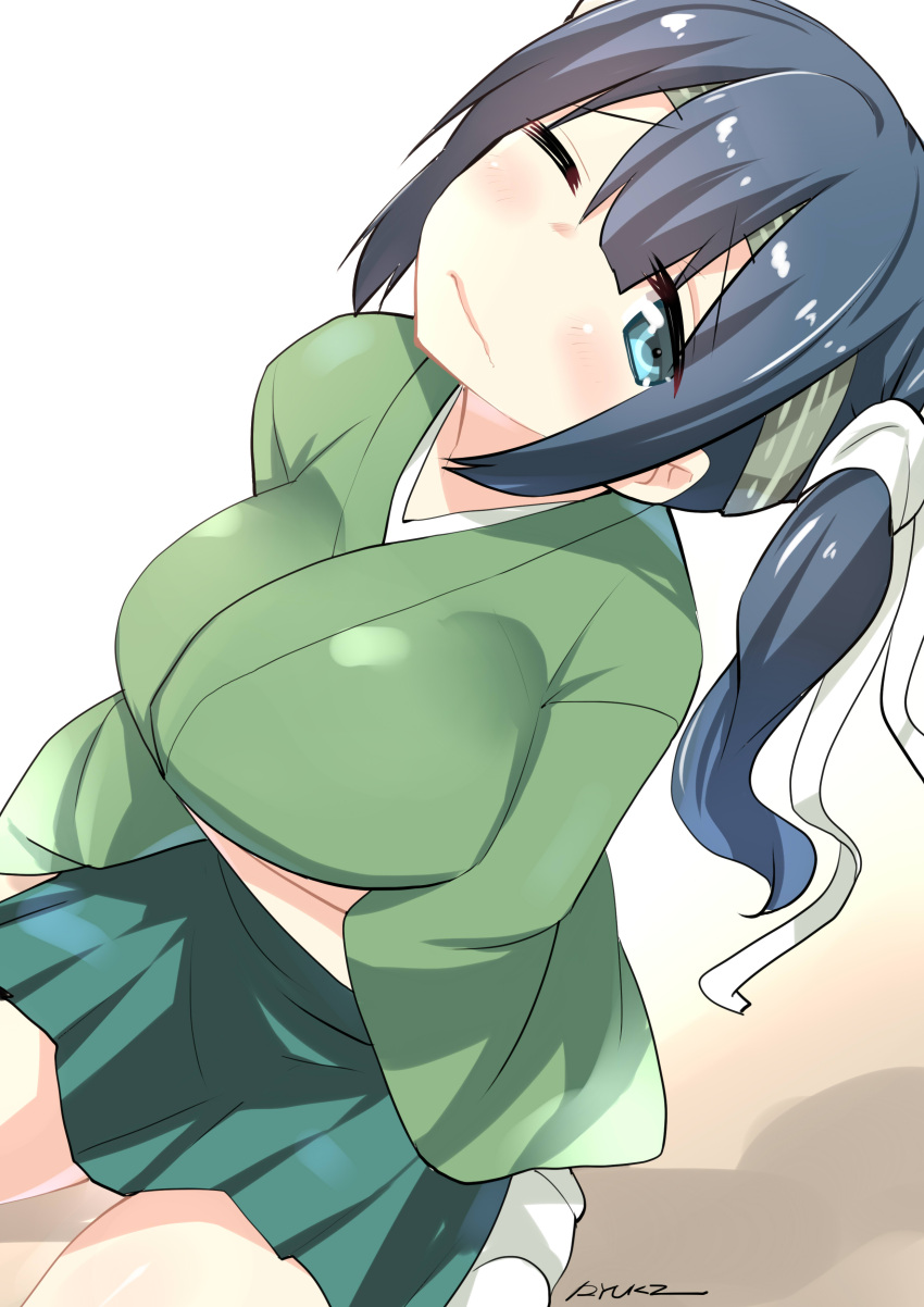 1girl absurdres artist_name blue_eyes blue_hair blush breast_rest breasts commentary green_skirt hair_ribbon headband highres japanese_clothes kantai_collection kimono large_breasts looking_at_viewer looking_up one_eye_closed pleated_skirt remodel_(kantai_collection) ribbon ryuki_(ryukisukune) sitting skirt socks solo souryuu_(kantai_collection) twintails wavy_mouth white_legwear wide_sleeves