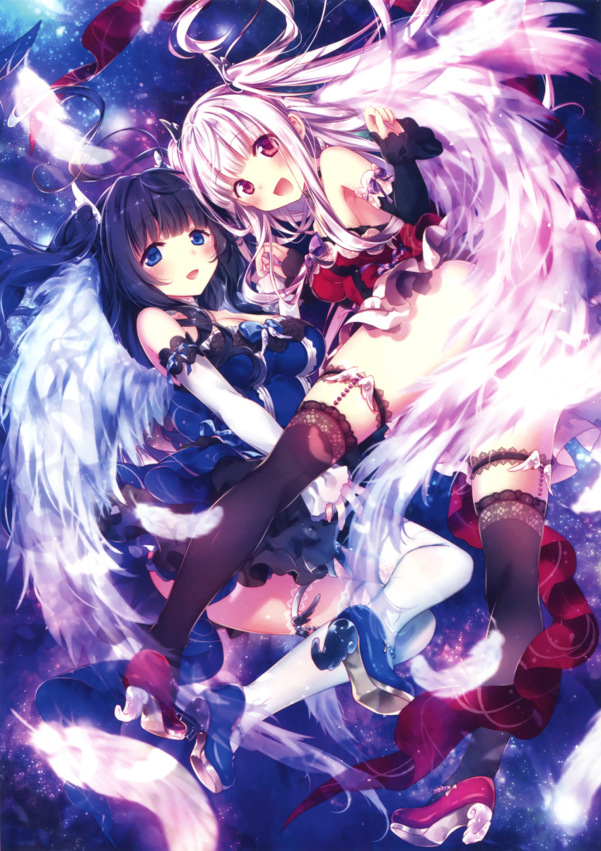 2girls :d absurdres black_hair black_legwear blue_dress blue_eyes detached_sleeves dress feathers frilled_dress frills hair_ornament highres long_hair multiple_girls open_mouth original red_dress red_eyes riichu silver_hair smile strapless strapless_dress thigh-highs two_side_up very_long_hair white_legwear white_wings wing_censor wings