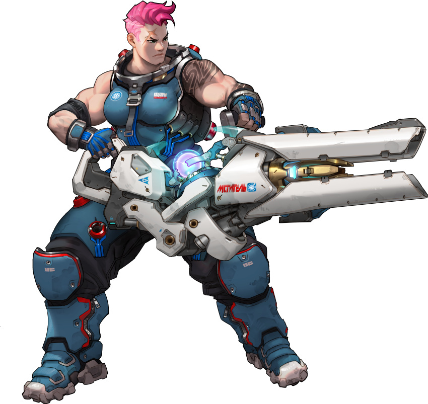 1girl absurdres alpha_transparency arnold_tsang breasts fingerless_gloves full_body gloves highres huge_filesize muscle official_art overwatch pink_hair russian scar short_hair simple_background solo standing tattoo transparent_background weapon zarya_(overwatch)