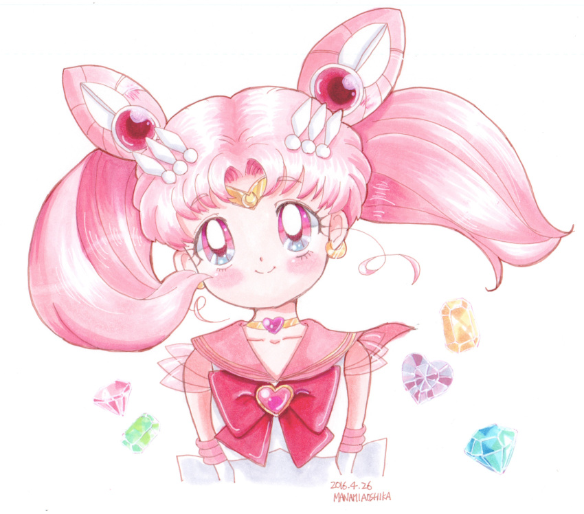 1girl arms_behind_back artist_name bishoujo_senshi_sailor_moon brooch chibi_usa choker circlet crescent crescent_earrings dated double_bun earrings elbow_gloves gem gloves hair_ornament heart highres jewelry manami_aoshika marker_(medium) pink_eyes pink_hair ribbon sailor_chibi_moon sailor_collar signature smile solo super_sailor_chibi_moon traditional_media twintails upper_body white_gloves