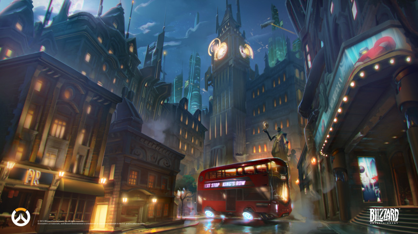 absurdres analog_clock building bus clock clock_tower clouds company_name dated double-decker_bus english highres king's_row_(overwatch) motor_vehicle night official_art outdoors overwatch peter_lee road scenery science_fiction stairs statue street tower tree vehicle watermark