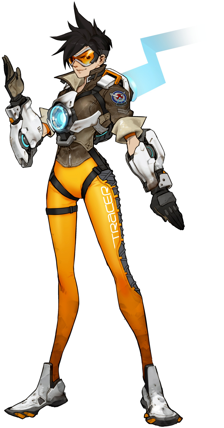 1girl absurdres alpha_transparency arnold_tsang black_hair character_name clothes_writing ear_piercing full_body gloves goggles highres official_art overwatch piercing short_hair simple_background smile solo spiky_hair standing tracer_(overwatch) transparent_background