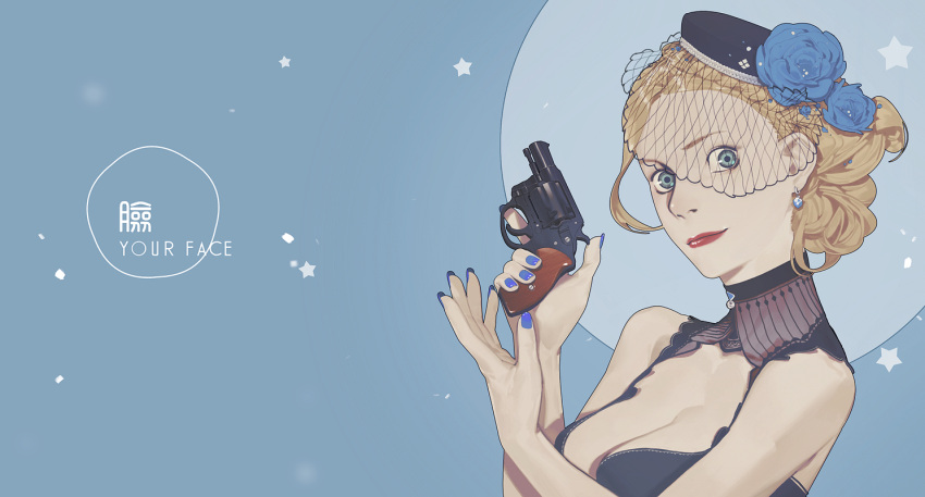 1girl bare_shoulders blonde_hair blue_eyes blue_nails breasts charter_arms_undercover cleavage earrings english gun handgun hat jewelry lan_se_fangying lipstick looking_at_viewer makeup nail_polish original revolver solo star upper_body weapon
