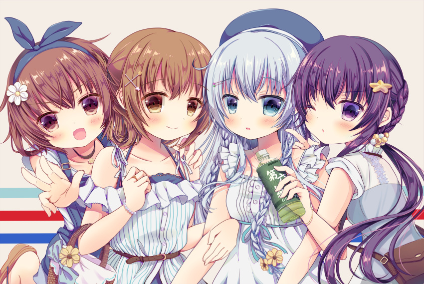 4girls :d :o ;o akatsuki_(kantai_collection) alternate_costume alternate_hairstyle arm_holding bag bangs basket bead_bracelet belt beret blue_eyes blue_hair blush bottle bracelet braid brown_eyes brown_hair casual closed_mouth cloth dress drink eyebrows eyebrows_visible_through_hair flower folded_ponytail frills gradient hair_flower hair_ornament hairband hairclip hand_on_another's_arm hat hibiki_(kantai_collection) highres holding_bottle ikazuchi_(kantai_collection) inazuma_(kantai_collection) index_finger_raised jewelry kantai_collection long_hair looking_at_viewer low_ponytail mitsuki_ponzu multiple_girls necklace off-shoulder_dress off_shoulder one_eye_closed open_mouth overalls palms purple_hair ring sandals shoulder_bag silver_hair smile star_hair_ornament striped violet_eyes white_dress x_hair_ornament yellow_eyes