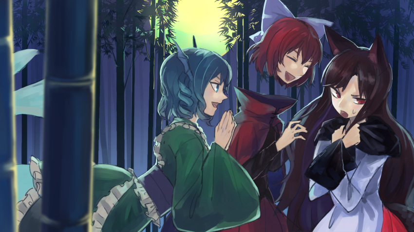 3girls animal_ears bamboo bamboo_forest blue_hair brown_hair cape closed_eyes commentary_request covering covering_breasts disembodied_head dress drill_hair fish_tail forest full_moon hair_between_eyes hair_ribbon hands_together head_fins highres imaizumi_kagerou japanese_clothes kimono long_hair long_sleeves looking_at_another looking_to_the_side mermaid monster_girl moon multiple_girls nature obi open_mouth outdoors red_eyes ribbon sash sekibanki short_hair touhou wakasagihime wavy_hair white_dress wide_sleeves wolf_ears zeikomi