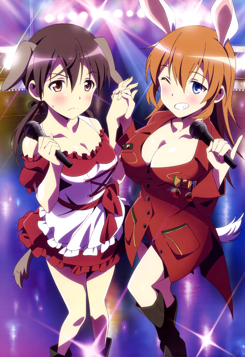 2girls absurdres animal_ears blue_eyes blush boots breasts brown_eyes brown_hair charlotte_e_yeager cleavage collarbone gertrud_barkhorn grin highres holding_hands interlocked_fingers large_breasts looking_at_viewer medal microphone multiple_girls official_art one_eye_closed orange_hair rabbit_ears smile spotlight strike_witches sweatdrop tail teeth