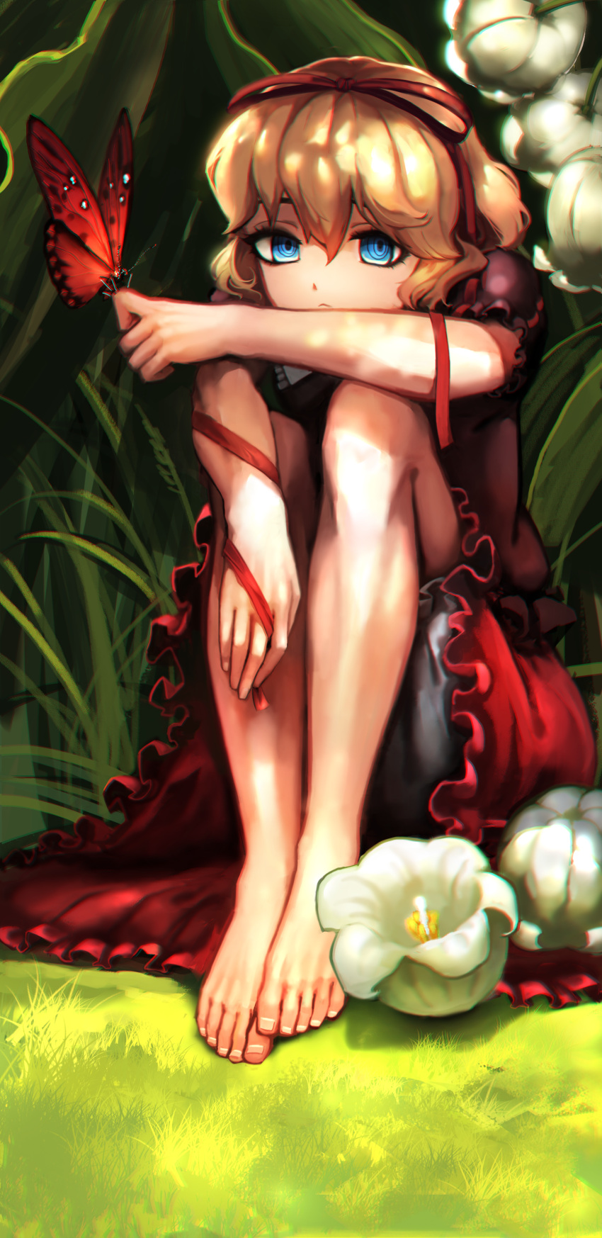 1girl :&lt; absurdres al_bhed_eyes animal animal_on_hand arm_ribbon bangs bare_legs barefoot blonde_hair bloomers blue_eyes butterfly_on_hand closed_mouth dappled_sunlight flower frilled_sleeves frills frown grass hair_between_eyes hair_ribbon highres hijiwryyyyy lily_of_the_valley looking_at_viewer medicine_melancholy nature on_ground outdoors plant puffy_short_sleeves puffy_sleeves red_ribbon red_shirt red_skirt ribbon shade shirt short_hair short_sleeves sitting skirt solo sunlight touhou tree tree_shade underwear white_flower