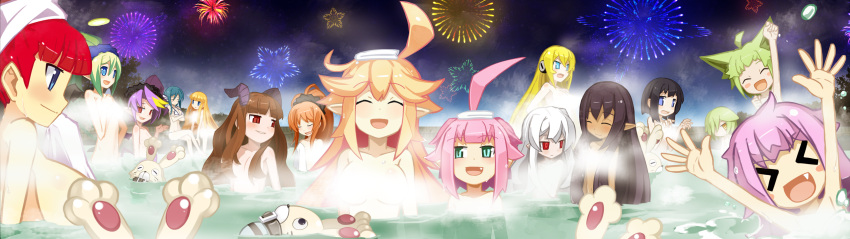 &gt;_&lt; +_+ 6+girls :d ^_^ ahoge alternate_hairstyle altis alys_levantine animal_ears arm_up attouteki_yuugi_mugen_souls attouteki_yuugi_mugen_souls_z bathing bellaria_(mugen_souls) bikini black_hair black_wings blonde_hair blue_eyes blue_hair blush blush_stickers breasts brown_hair chou_chou chou_chou_egotistical clenched_hand closed_eyes collarbone convenient_censoring crossed_arms crossed_legs dark_skin dees_vanguard ear_censor everyone fang fireworks flat_chest game_cg green_eyes green_hair grin hair_censor hair_down hair_ornament hair_over_one_eye hair_scrunchie highres horns izayoi_tsukika large_breasts long_hair looking_at_another marina_cannonvale micro_bikini multicolored_hair multiple_girls nanameda_kei nao_(mugen_souls) nude official_art onluka onsen open_mouth partially_submerged pink_hair pointy_ears ponytail profile purple_hair red_eyes redhead reu_(mugen_souls) sandy_sunshine scrunchie shampuru sharuru_cocott shilma_(mugen_souls) short_hair_with_long_locks side_ponytail sky smile standing steam steam_censor supra swimsuit tioni towel towel_on_head two-tone_hair water welsh_cocott wet white_hair white_wings wings yellow_eyes