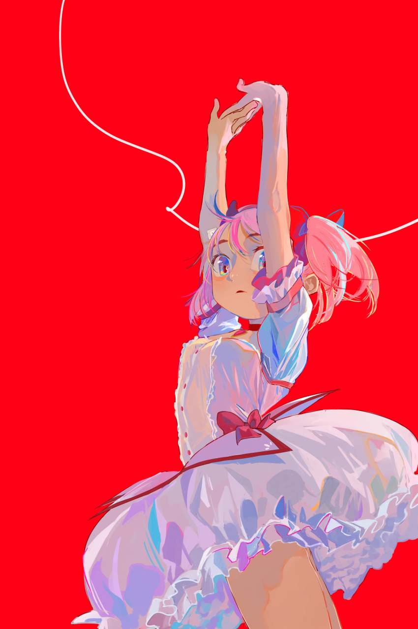 1girl absurdres bubble_skirt choker from_below hair_ribbon highres kaname_madoka looking_at_viewer looking_down magical_girl mahou_shoujo_madoka_magica pink_eyes pink_hair puffy_short_sleeves puffy_sleeves red_background red_ribbon ribbon ribbon-trimmed_skirt ribbon_trim sate_(ryu_ryu_1212m) short_hair short_sleeves short_twintails skirt stretch twintails