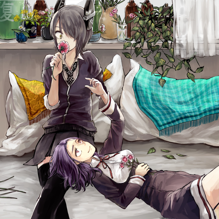 2girls bucket coffee_mug commentary_request covered_mouth crossed_legs curtains dress flower flower_pot glass hand_on_own_stomach headgear highres holding holding_flower kantai_collection knee_up lap_pillow looking_at_another lying multiple_girls necktie offering on_back pillow purple_hair shirt sitting skirt smelling smile sweater takanitsuki tatsuta_(kantai_collection) tenryuu_(kantai_collection) thigh-highs vase violet_eyes window wine_bottle yellow_eyes