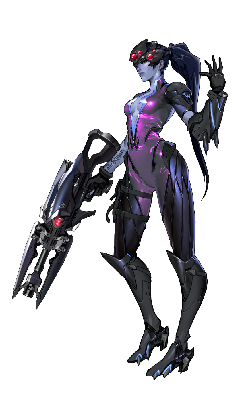 1girl absurdres arnold_tsang blue_hair blue_skin ear_studs earrings french full_body gloves gun high_heels highres jewelry lips long_hair official_art overwatch ponytail simple_background solo standing tattoo transparent_background very_long_hair weapon widowmaker_(overwatch) yellow_eyes