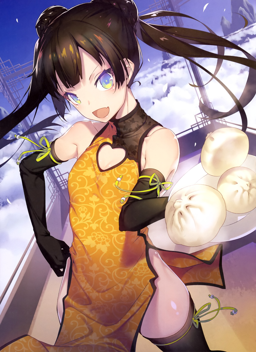 &gt;:d 1girl :d absurdres china_dress chinese_clothes cleavage_cutout dengeki_moeou dress elbow_gloves fang gloves green_ribbon heart_cutout highres nilitsu open_mouth ribbon smile solo thigh-highs thigh_ribbon