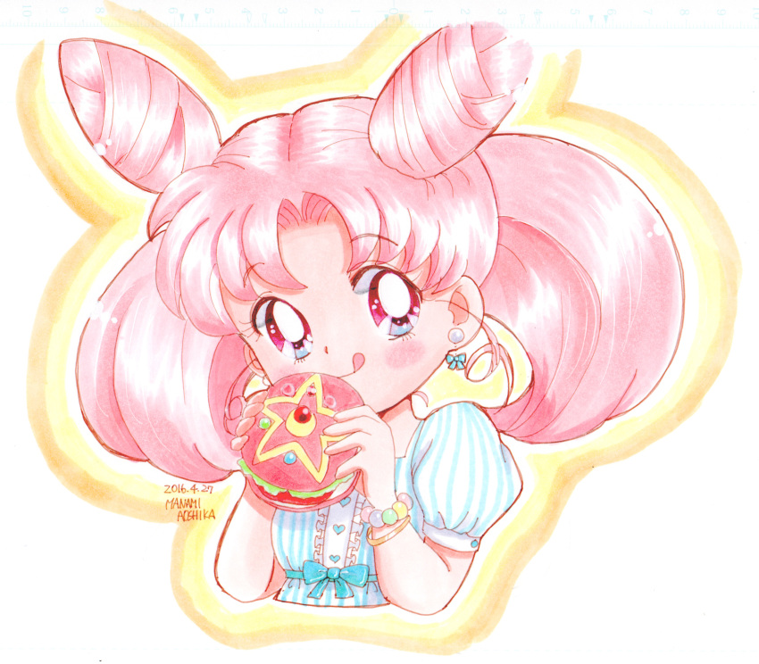 1girl artist_name bead_bracelet bishoujo_senshi_sailor_moon blue_dress bracelet chibi_usa dated double_bun dress earrings food hamburger heart highres holding holding_food jewelry manami_aoshika marker_(medium) pink_eyes pink_hair scan scan_artifacts signature smile solo striped striped_dress tongue tongue_out traditional_media twintails upper_body
