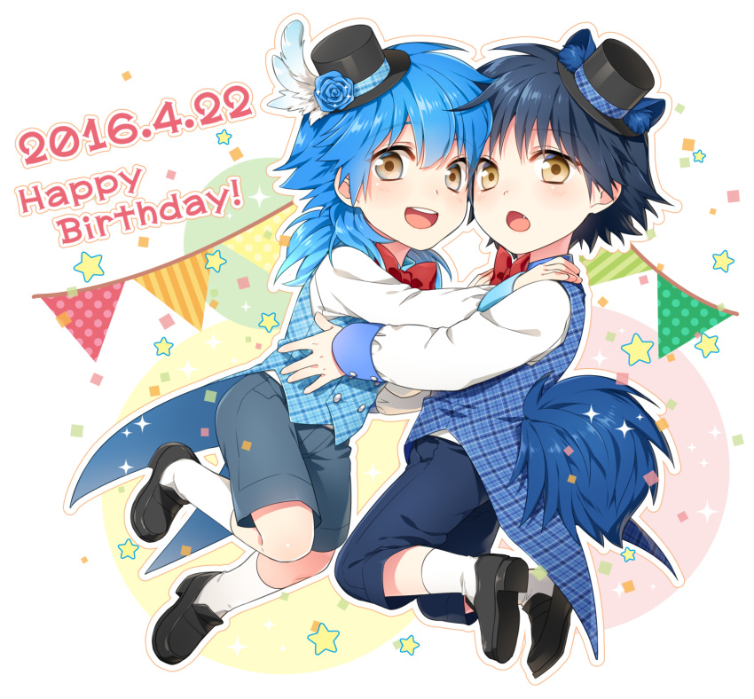 2016 2boys :d animal_ears black_hair blue_hair bow bowtie brown_eyes chestnut_mouth child coattails dated dog_ears dog_tail dramatical_murder fang happy_birthday hat highres kneehighs kuronohana male_focus mini_hat mini_top_hat multiple_boys open_mouth ren_(dramatical_murder) seragaki_aoba shorts smile sparkle star string_of_flags tail top_hat waistcoat white_legwear yellow_eyes younger