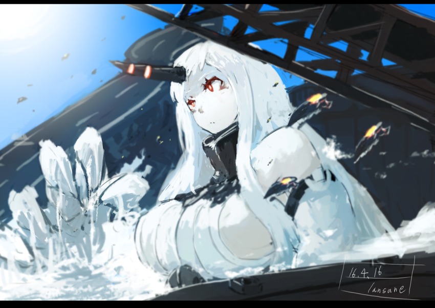 1girl artist_name breasts claws commentary_request detached_sleeves enemy_aircraft_(kantai_collection) giantess horn huge_breasts kantai_collection lansane long_hair partially_submerged red_eyes ribbed_sweater seaport_hime shinkaisei-kan sideboob size_difference solo sweater water white_hair white_skin