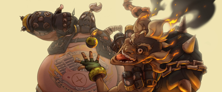 2boys absurdres arnold_tsang eyebrows fingerless_gloves gas_mask gloves highres junkrat_(overwatch) looking_at_viewer male_focus mechanical_arm multiple_boys official_art open_mouth overwatch roadhog_(overwatch) shirtless smoke spikes tattoo thick_eyebrows thumbs_up tire