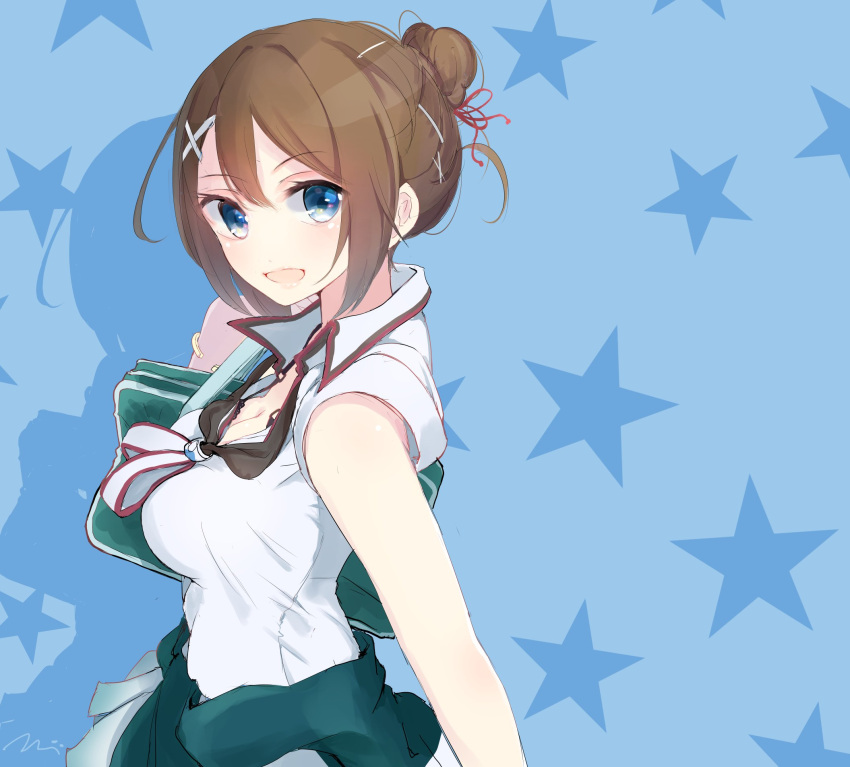 1girl alternate_costume alternate_hairstyle bag blue_background blue_eyes breasts brown_hair cleavage commentary_request eyebrows eyebrows_visible_through_hair highres kantai_collection looking_to_the_side maya_(kantai_collection) medium_breasts open_mouth school_bag school_uniform short_hair solo star starry_background tebi_(tbd11) x_hair_ornament