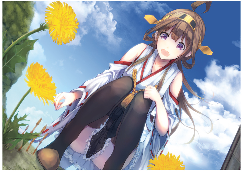 1girl ahoge bangs black_legwear black_skirt brown_hair clouds dandelion detached_sleeves double_bun dutch_angle eyebrows eyebrows_visible_through_hair flower frills hairband headgear japanese_clothes kantai_collection kongou_(kantai_collection) konkito long_hair looking_at_viewer nontraditional_miko open_mouth outdoors plant ribbon-trimmed_sleeves ribbon_trim skirt solo squatting upskirt violet_eyes yellow_flower