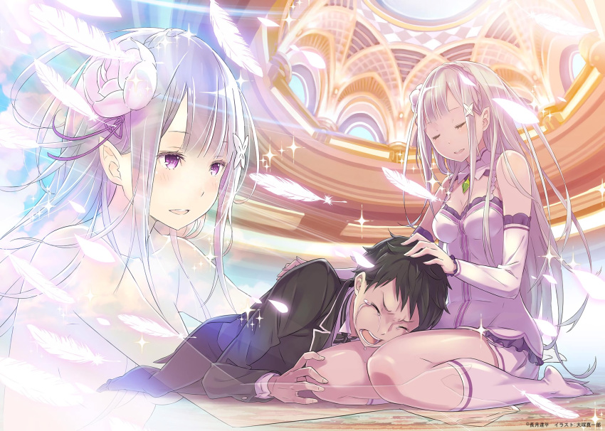 1boy 1girl arch bangs bare_shoulders blunt_bangs blush braid closed_eyes consoling crying detached_sleeves dress emerald emilia_(re:zero) feathers flower formal full_body gashin gem hair_flower hair_ornament highres indoors kneehighs lap lap_pillow long_hair long_sleeves lying multiple_views natsuki_subaru official_art on_stomach petting pillar pink_flower pink_legwear pointy_ears re:zero_kara_hajimeru_isekai_seikatsu round_teeth seiza short_hair silver_hair sitting smile sparkle suit tears teeth violet_eyes white_legwear wince x_hair_ornament