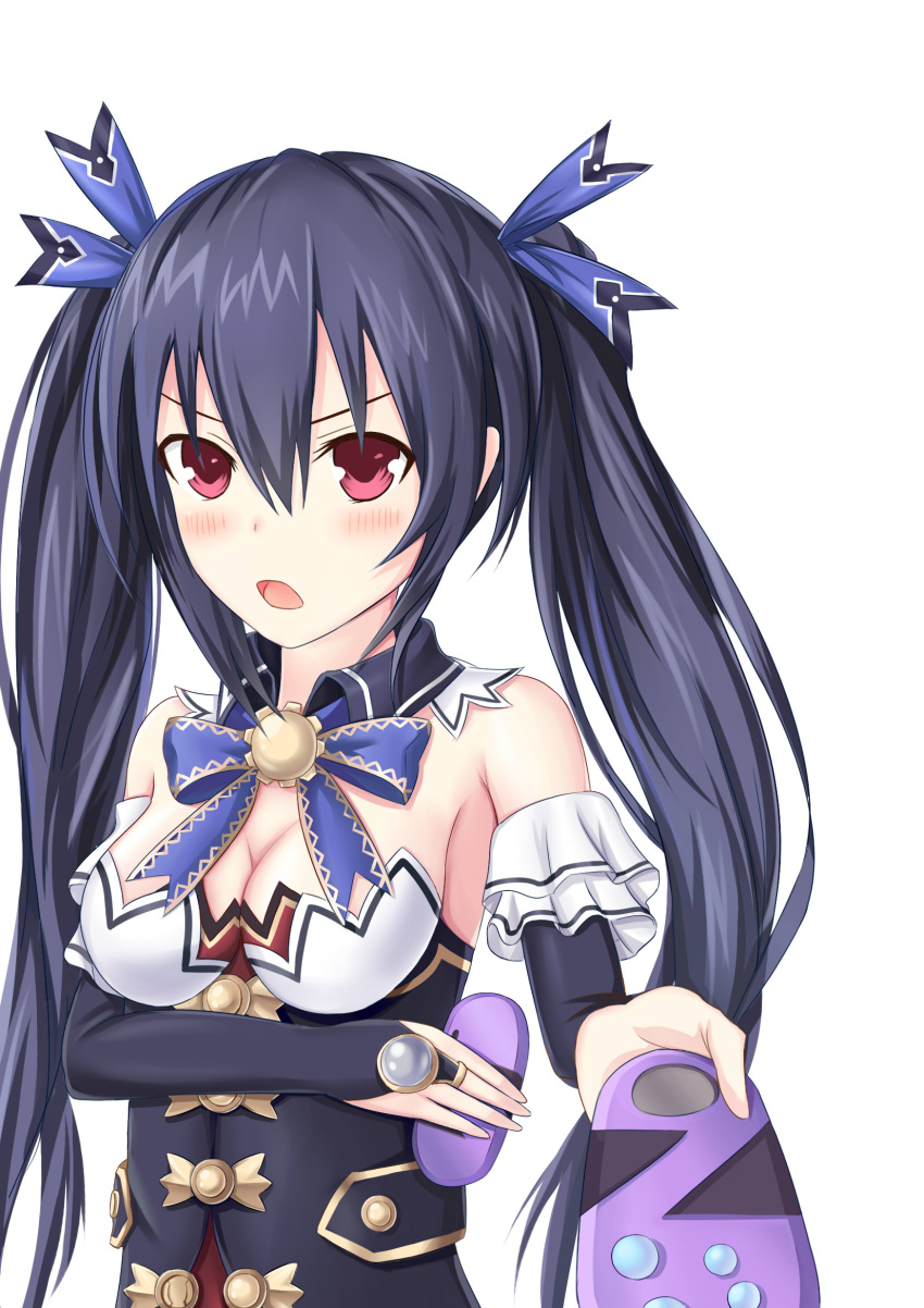 1girl bare_shoulders black_hair breasts cleavage controller game_controller hair_ornament highres long_hair looking_at_viewer muwa12 neptune_(series) noire open_mouth red_eyes ribbon solo twintails very_long_hair