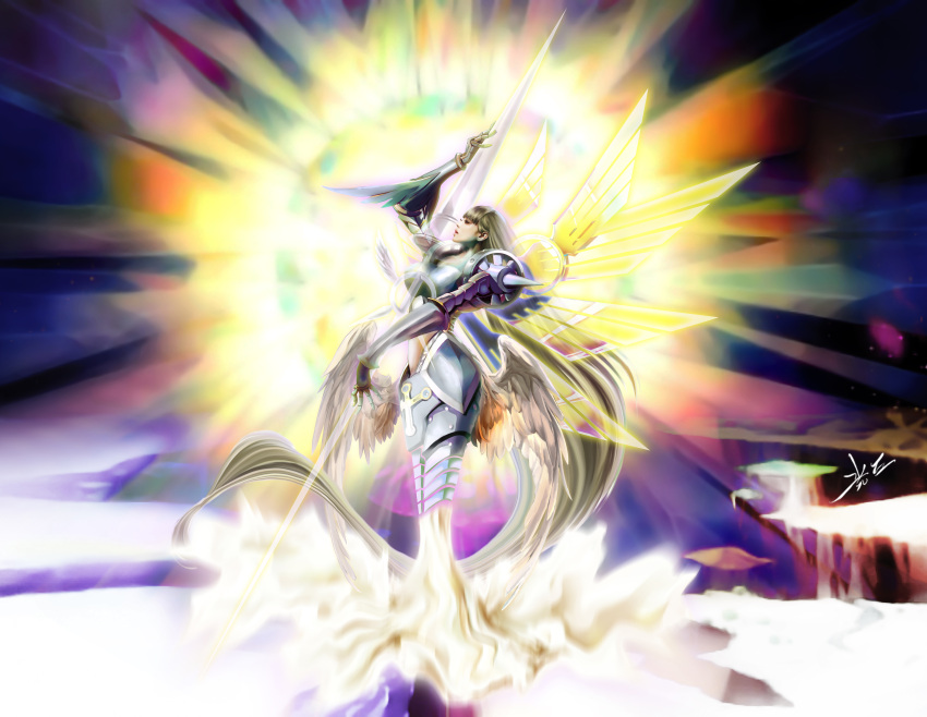 1girl absurdly_long_hair absurdres angel angel_wings armor armored_dress blonde_hair blue_eyes breasts bright_background cross digimon floating_island gauntlets highres koukyuu_(artist) lance large_breasts light lips long_hair midriff mole monster multiple_wings night night_sky no_humans ophanimon pink_lips polearm shoulder_armor shoulder_spikes skirt sky spikes very_long_hair weapon white_skirt wings