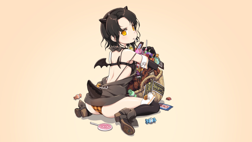 1girl arched_back ass bag basket bat_wings black black_hair black_legwear blush boots bow bra candy candy_bar chocolate choker clothes_pin crunch demon_girl elbow_gloves from_behind full_body gloves hairband halloween hershey's highres horns jack-o'-lantern kneehighs lena_(zoal) lingerie lollipop looking_at_viewer looking_back mole mouth_hold nestle open_clothes panties plaid plaid_panties pumpkin ribbon safety_pin shoes short_hair sita_vilosa sitting snickers solo succubus sweets swirl_lollipop sword_girls tail thigh-highs trick_or_treat underwear wallpaper wariza wings yellow_eyes