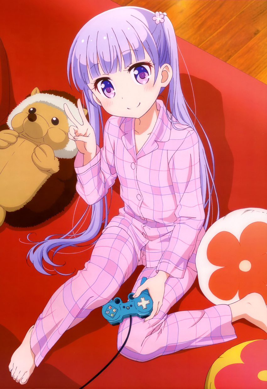 1girl absurdres barefoot controller dualshock flower game_controller gamepad hair_flower hair_ornament highres long_hair new_game! official_art pajamas plaid_pajamas purple_hair smile solo suzukaze_aoba twintails v violet_eyes
